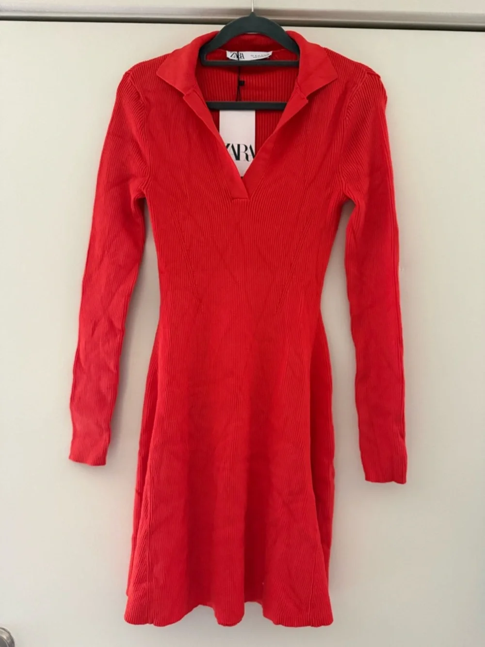 Zara Red Orange Ribbed Knit Mini Dress Polo Collar Bodycon Long Sleeve Medium - Picture 2 of 11